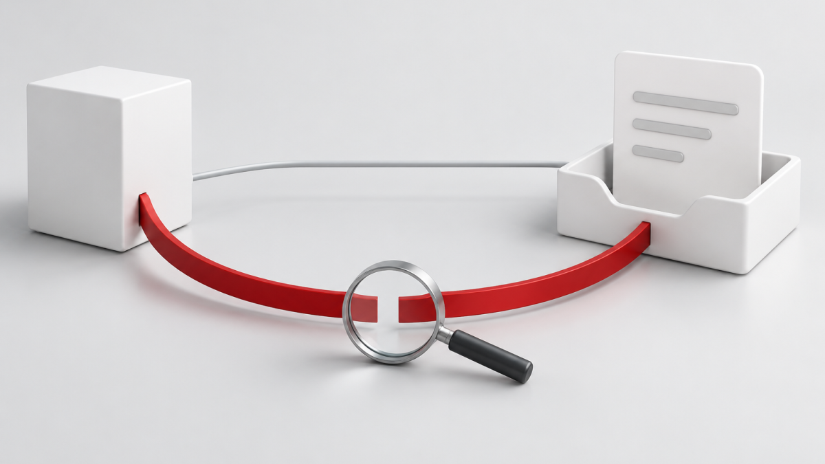 Conceptual illustration of one task card at a receiving system and an interrupted return path inspected with a magnifying glass.
