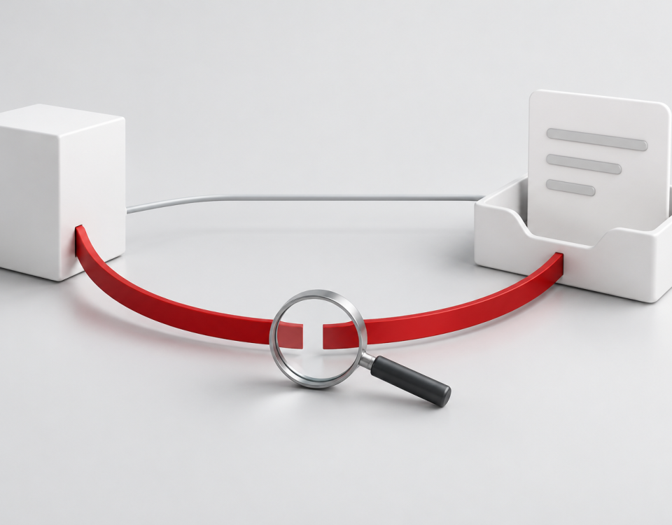 Conceptual illustration of one task card at a receiving system and an interrupted return path inspected with a magnifying glass.