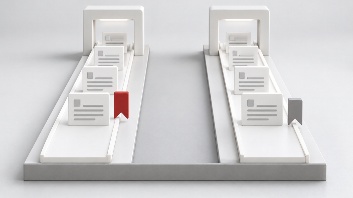 Conceptual illustration of two matched review paths with brief cards and separate red and gray markers.