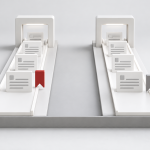 Conceptual illustration of two matched review paths with brief cards and separate red and gray markers.