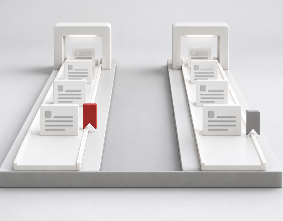 Conceptual illustration of two matched review paths with brief cards and separate red and gray markers.