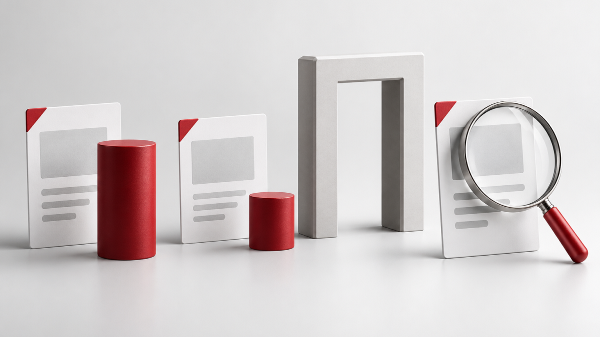Conceptual illustration of advertisement cards, different-sized bid markers, a gate and a magnifying glass.