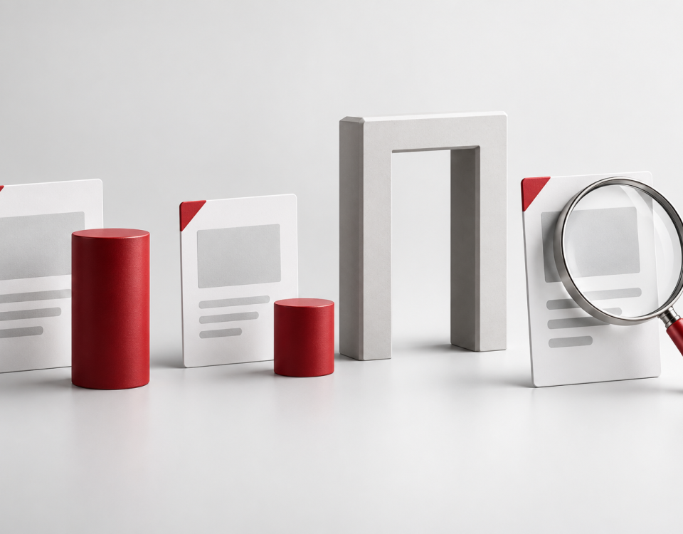 Conceptual illustration of advertisement cards, different-sized bid markers, a gate and a magnifying glass.