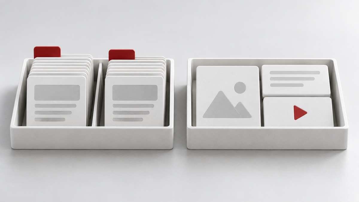 Conceptual illustration of two containers, one holding grouped advertisement cards and the other a coordinated image, text and video tile set.