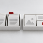 Conceptual illustration of two containers, one holding grouped advertisement cards and the other a coordinated image, text and video tile set.