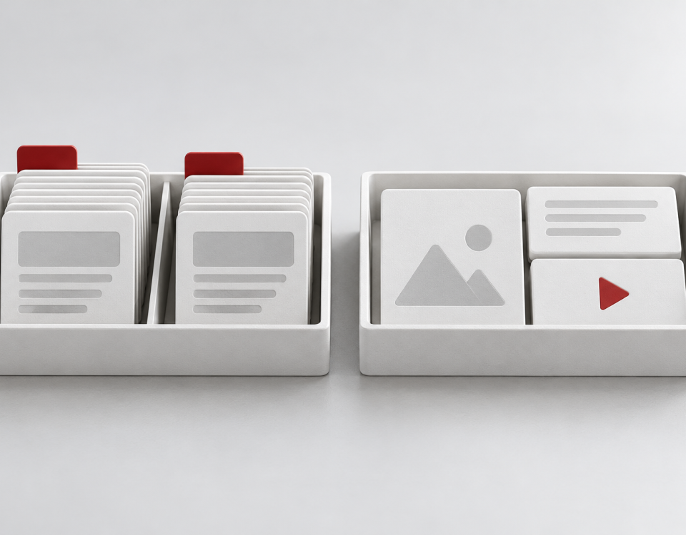 Conceptual illustration of two containers, one holding grouped advertisement cards and the other a coordinated image, text and video tile set.