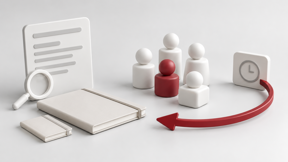 Conceptual illustration of a search card and notebooks, anonymous figures, and a red return arrow beside a clock tile.
