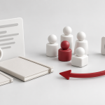 Conceptual illustration of a search card and notebooks, anonymous figures, and a red return arrow beside a clock tile.