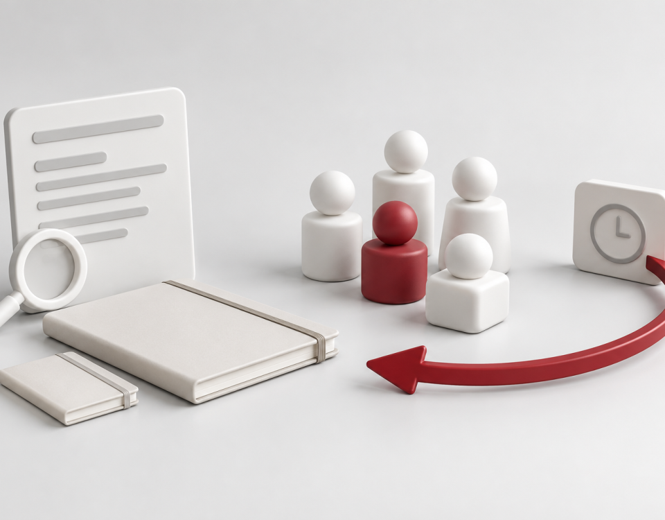 Conceptual illustration of a search card and notebooks, anonymous figures, and a red return arrow beside a clock tile.