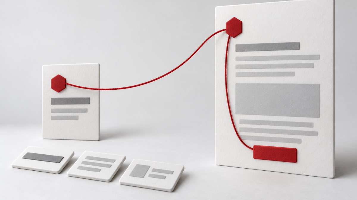 Conceptual illustration of a small message card, separate content tiles and a matching larger page connected by a red thread to an action marker.