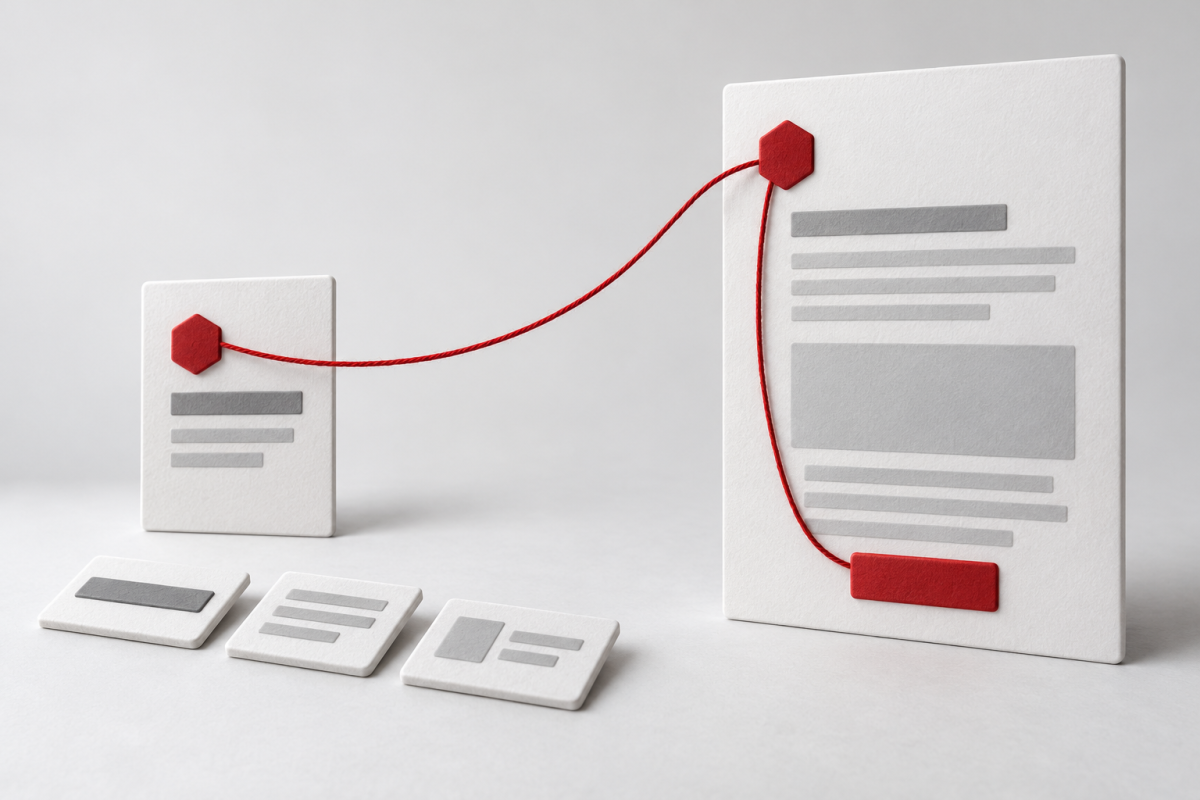 Conceptual illustration of a small message card, separate content tiles and a matching larger page connected by a red thread to an action marker.