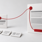 Conceptual illustration of a small message card, separate content tiles and a matching larger page connected by a red thread to an action marker.
