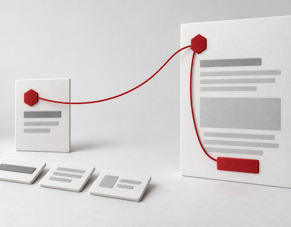 Conceptual illustration of a small message card, separate content tiles and a matching larger page connected by a red thread to an action marker.