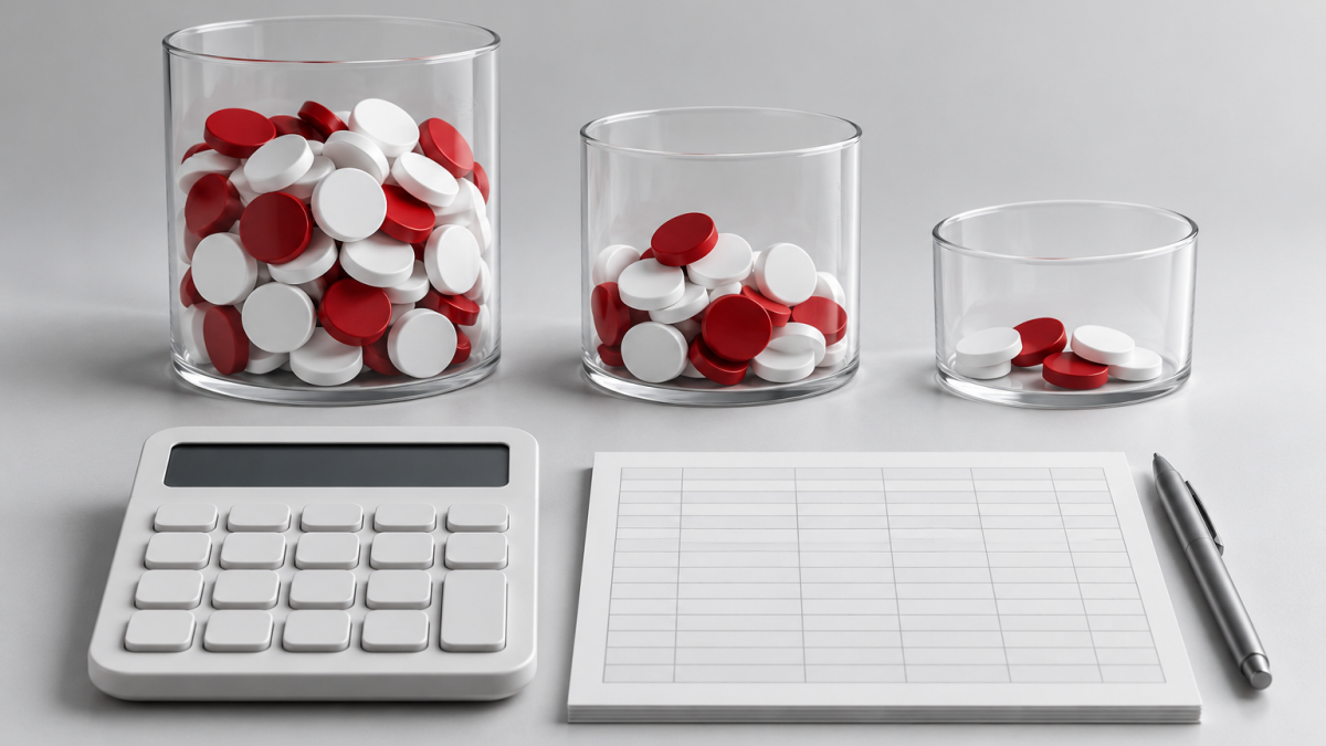 Conceptual illustration of separate event counters, a calculator and a blank measurement ledger.