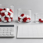 Conceptual illustration of separate event counters, a calculator and a blank measurement ledger.