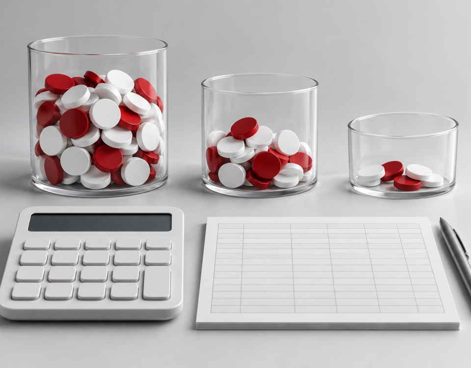 Conceptual illustration of separate event counters, a calculator and a blank measurement ledger.