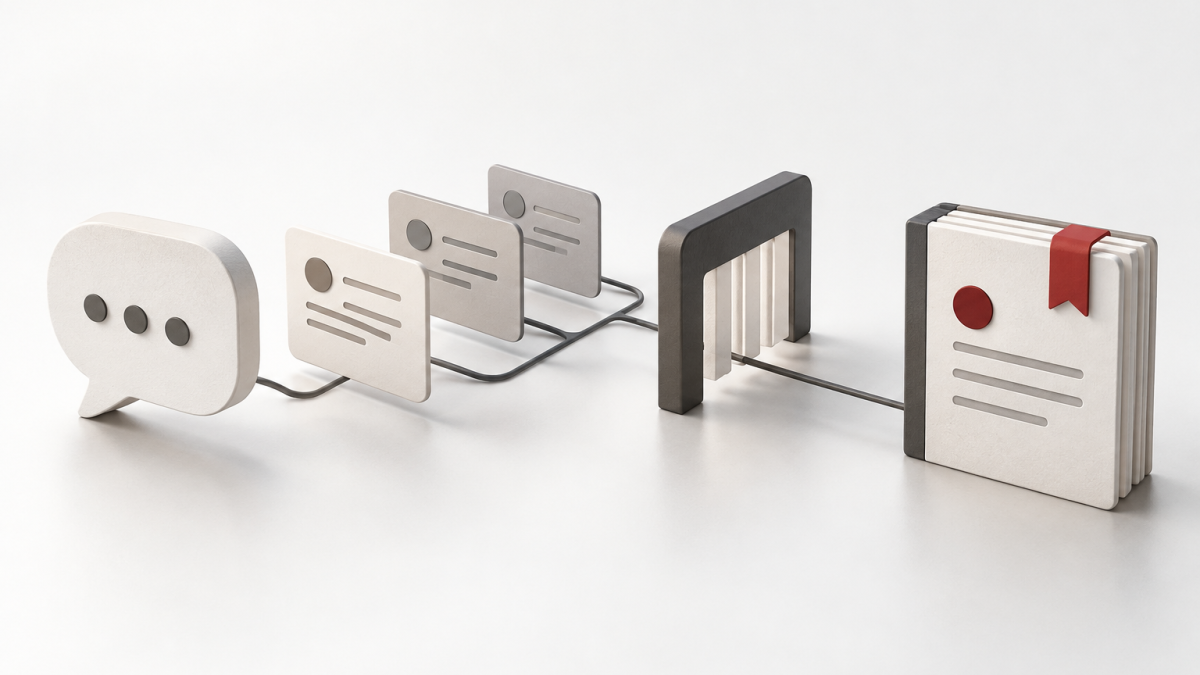 Conceptual illustration connecting an enquiry, event records, a qualification gate and a reporting ledger.