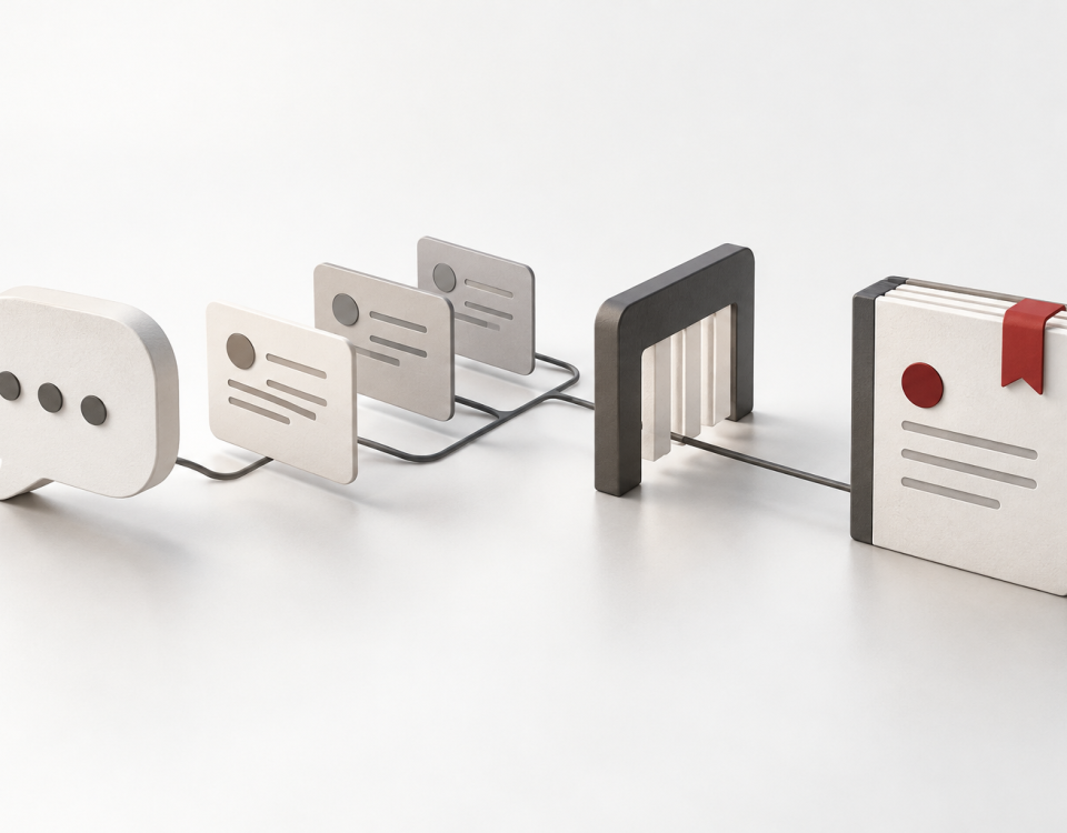 Conceptual illustration connecting an enquiry, event records, a qualification gate and a reporting ledger.
