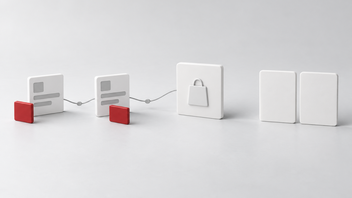 Conceptual illustration of two interaction cards leading to one purchase record, with separate red credit markers and two unconnected comparison cards.