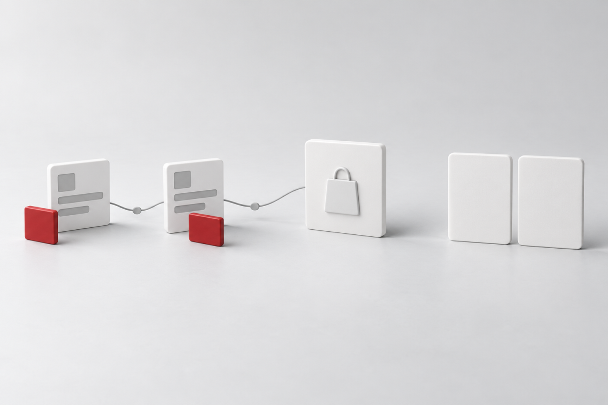 Conceptual illustration of two interaction cards leading to one purchase record, with separate red credit markers and two unconnected comparison cards.