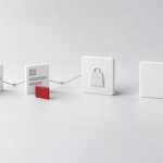 Conceptual illustration of two interaction cards leading to one purchase record, with separate red credit markers and two unconnected comparison cards.