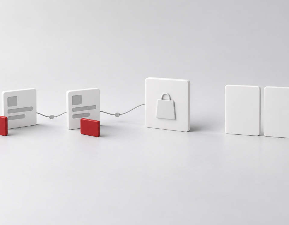 Conceptual illustration of two interaction cards leading to one purchase record, with separate red credit markers and two unconnected comparison cards.