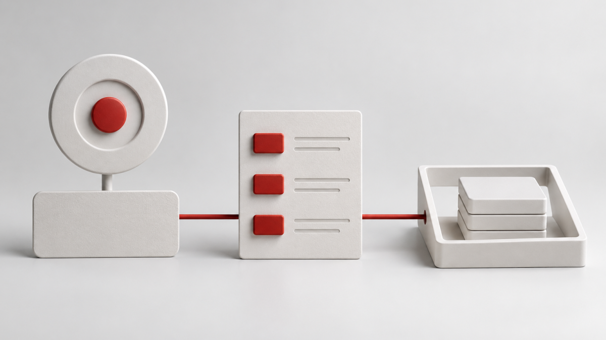 Conceptual illustration of a goal marker, a value record card and a separate tray of tiles connected by a red line.