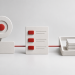 Conceptual illustration of a goal marker, a value record card and a separate tray of tiles connected by a red line.
