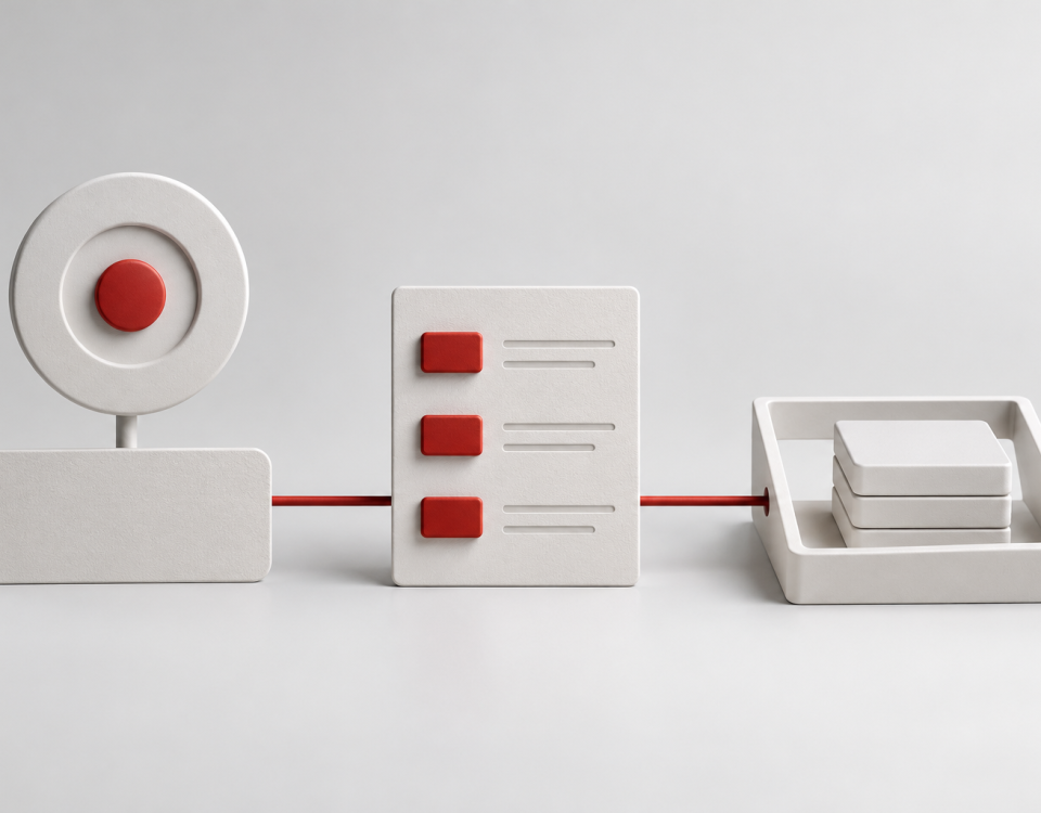 Conceptual illustration of a goal marker, a value record card and a separate tray of tiles connected by a red line.