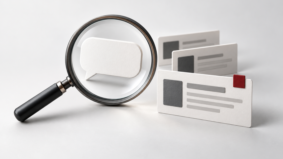 Conceptual illustration of a search question examined with a magnifying glass beside result cards.