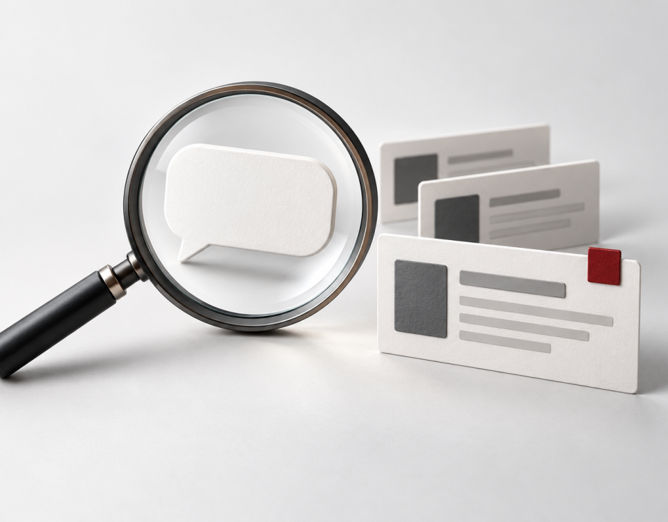 Conceptual illustration of a search question examined with a magnifying glass beside result cards.