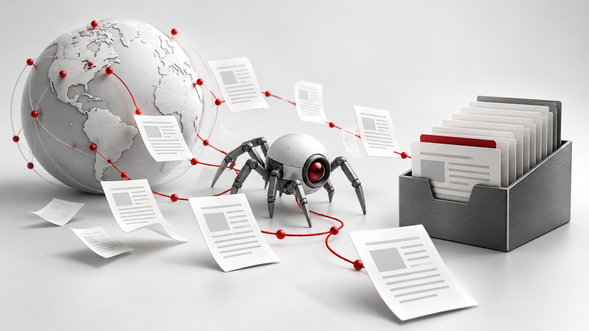 Conceptual illustration of a web crawler discovering pages and organizing them into an index.