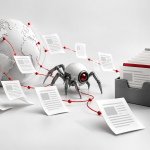 Conceptual illustration of a web crawler discovering pages and organizing them into an index.