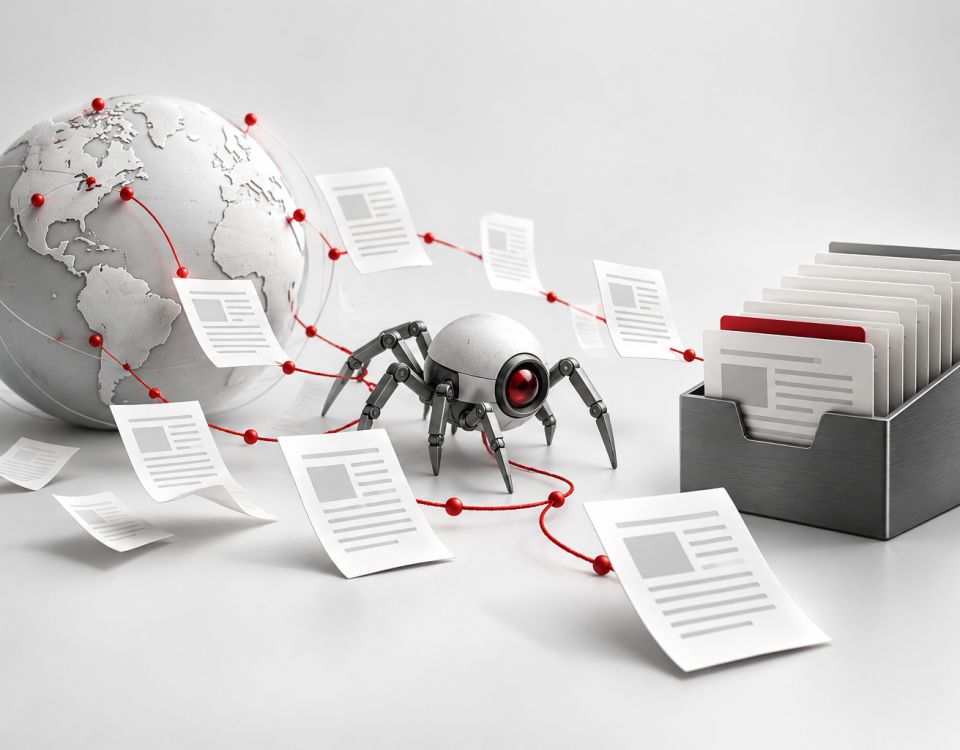 Conceptual illustration of a web crawler discovering pages and organizing them into an index.