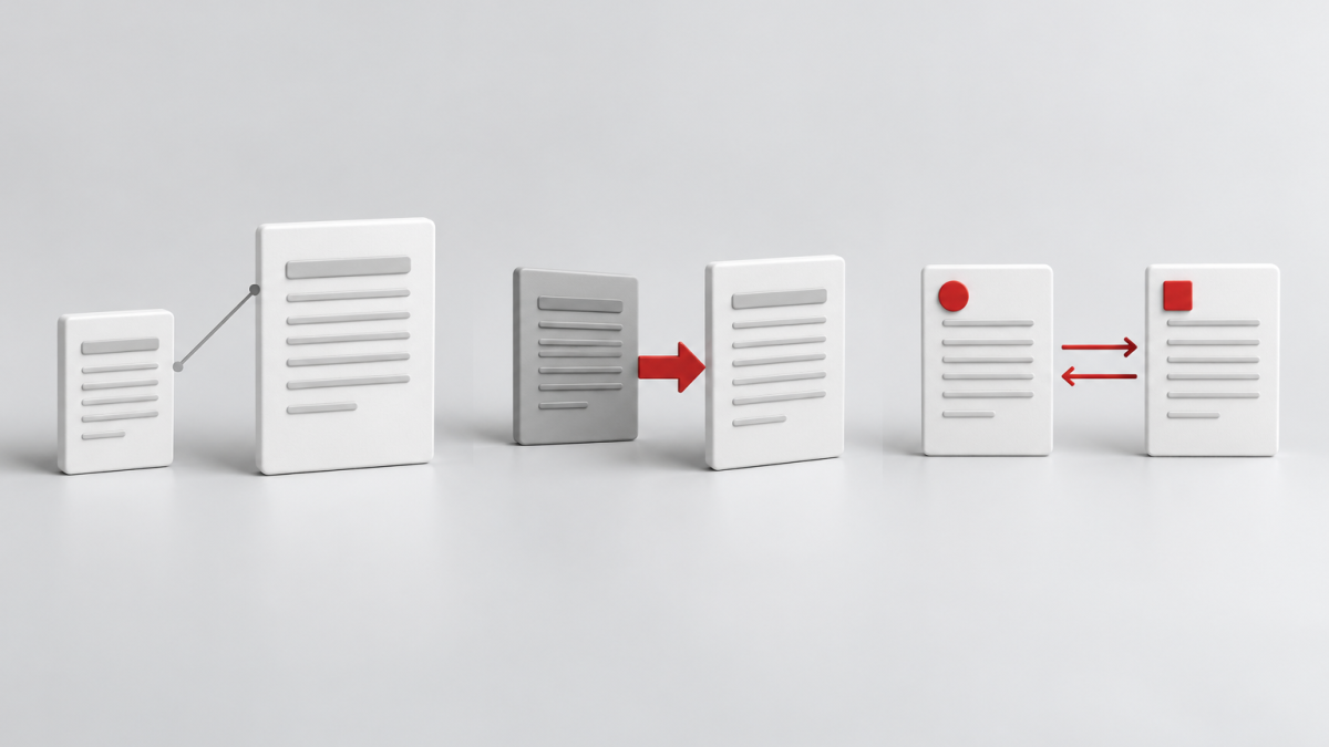 Conceptual illustration of page cards joined by a thin pointer, a one-way red arrow and two opposing arrows between a separate pair.