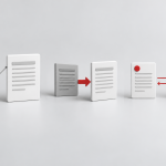 Conceptual illustration of page cards joined by a thin pointer, a one-way red arrow and two opposing arrows between a separate pair.