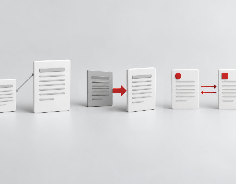 Conceptual illustration of page cards joined by a thin pointer, a one-way red arrow and two opposing arrows between a separate pair.