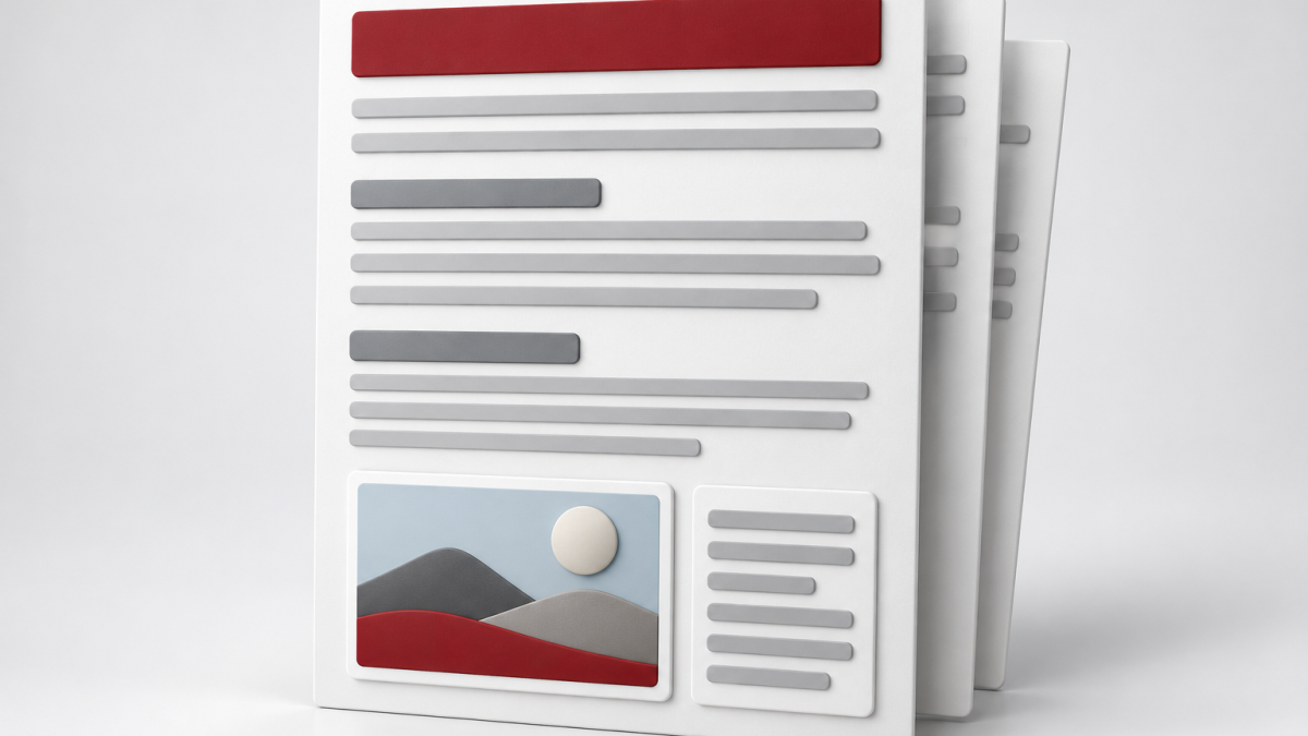 Conceptual illustration of a document with a title strip, section headings and an image beside a text-alternative tile.