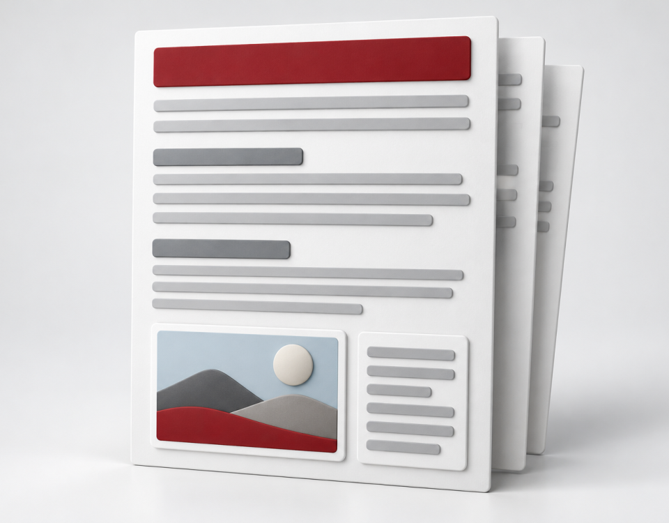 Conceptual illustration of a document with a title strip, section headings and an image beside a text-alternative tile.