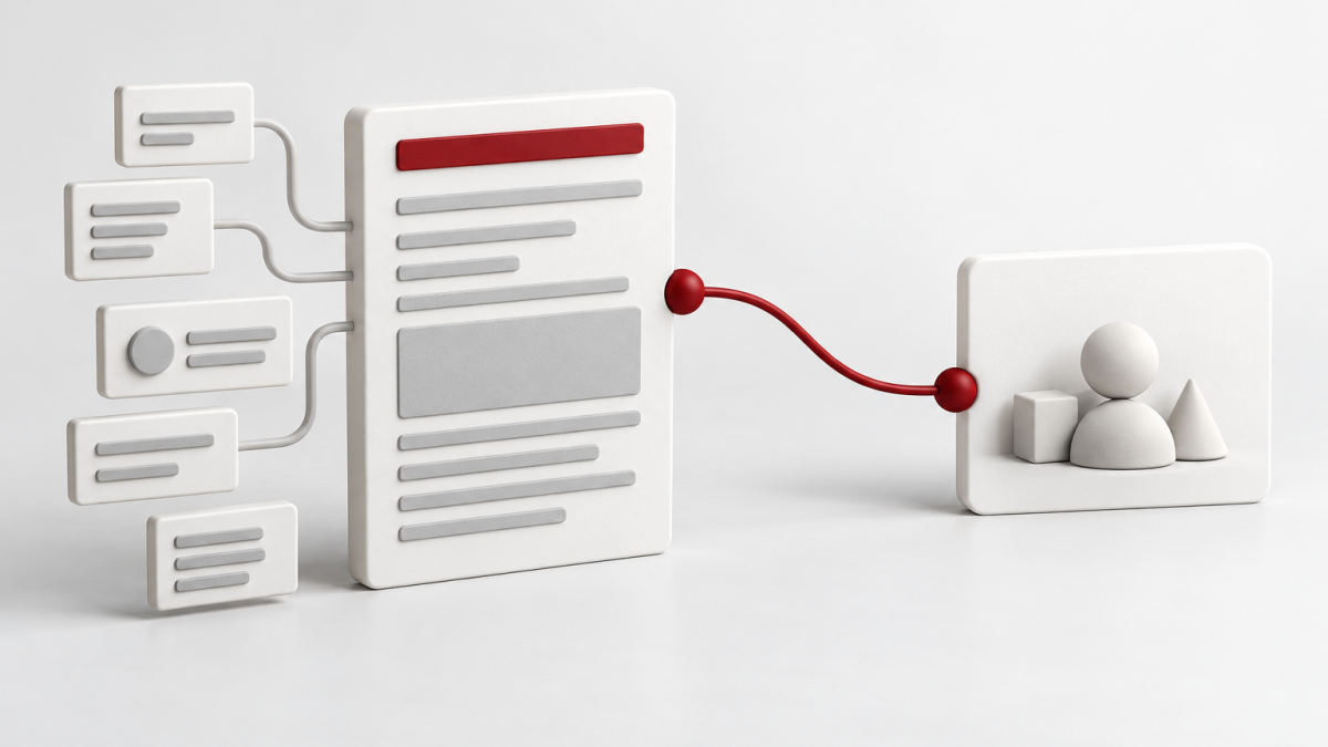 Conceptual illustration of an article card connected to descriptive property tiles and a separate abstract group card.