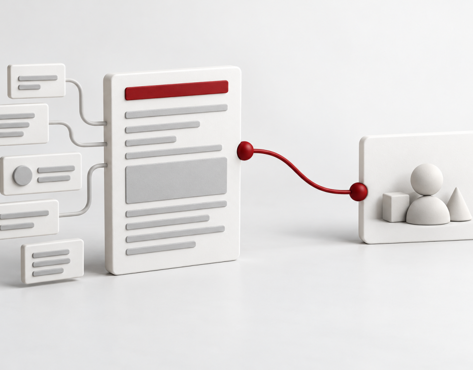 Conceptual illustration of an article card connected to descriptive property tiles and a separate abstract group card.