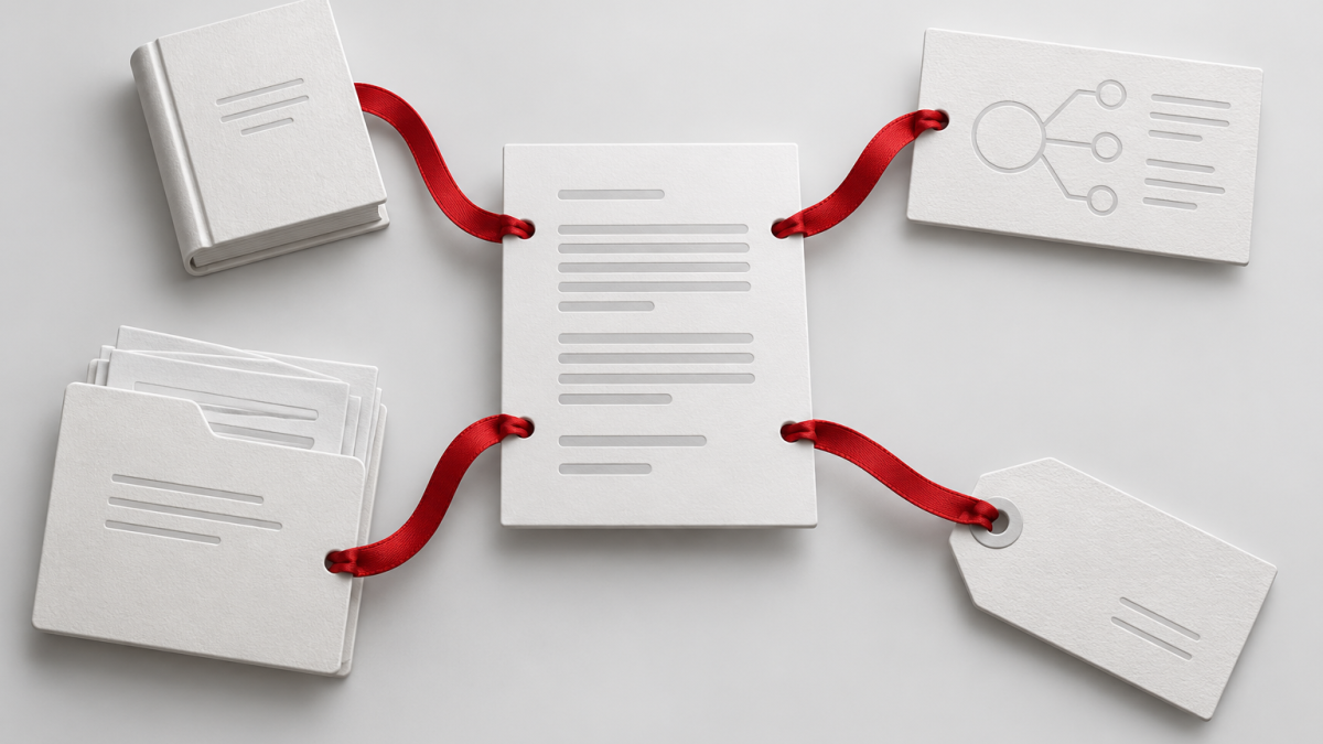 Conceptual illustration of a reading document connected to a book, an explanatory card, an evidence folder and an attribution tag.