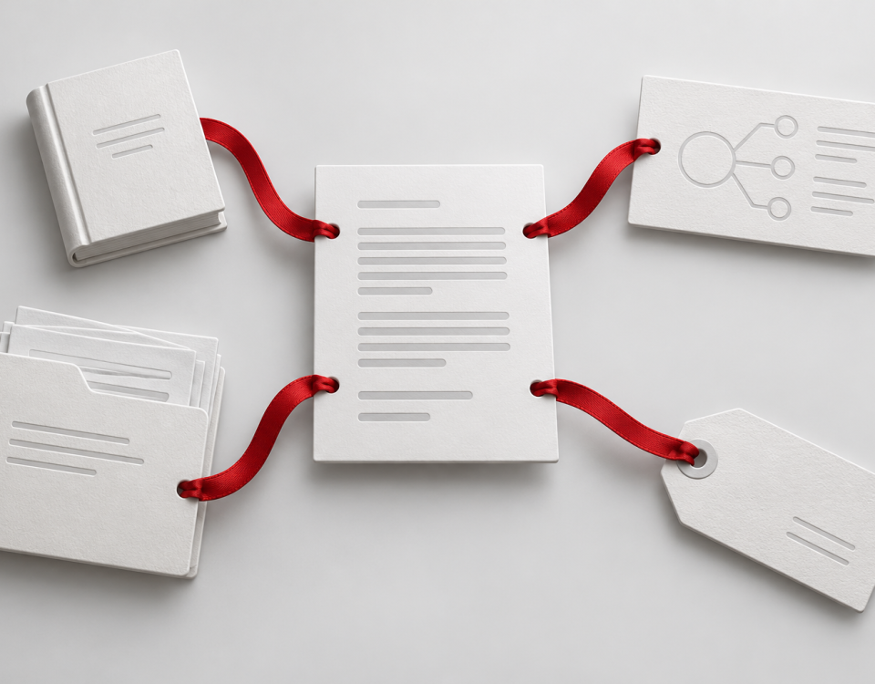 Conceptual illustration of a reading document connected to a book, an explanatory card, an evidence folder and an attribution tag.