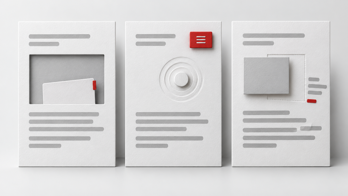Conceptual illustration of three page cards showing arriving content, a menu response and a displaced layout block.