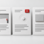 Conceptual illustration of three page cards showing arriving content, a menu response and a displaced layout block.