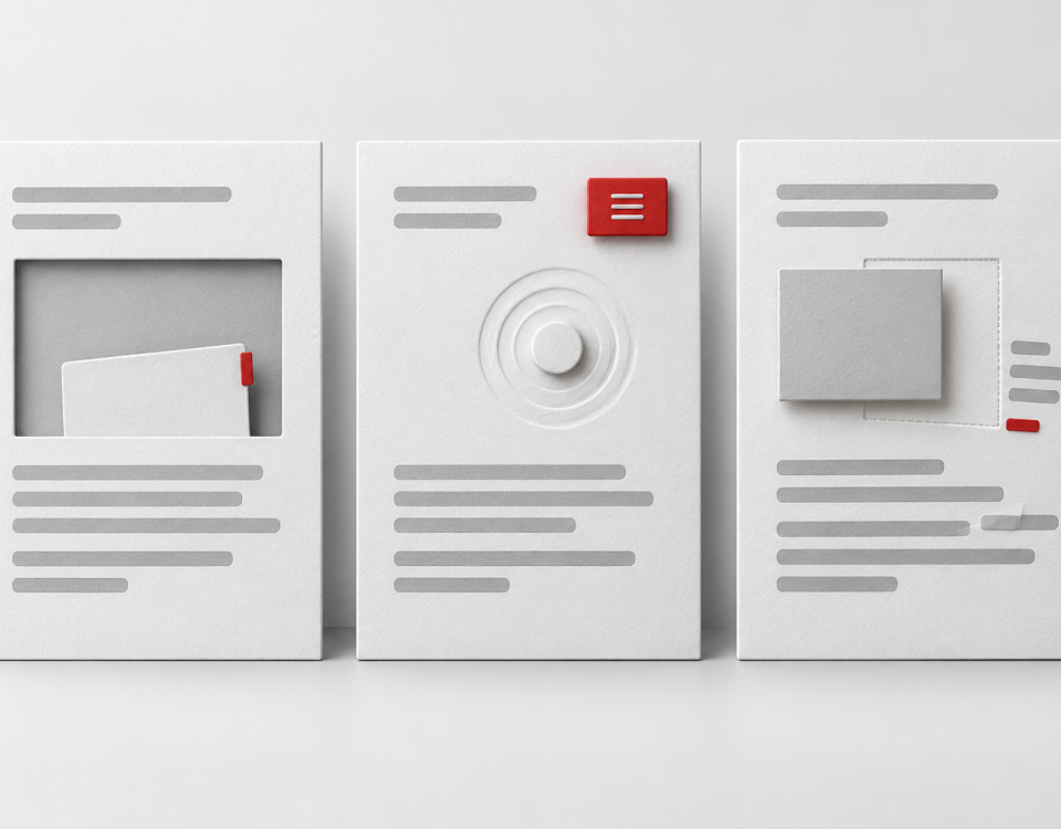 Conceptual illustration of three page cards showing arriving content, a menu response and a displaced layout block.